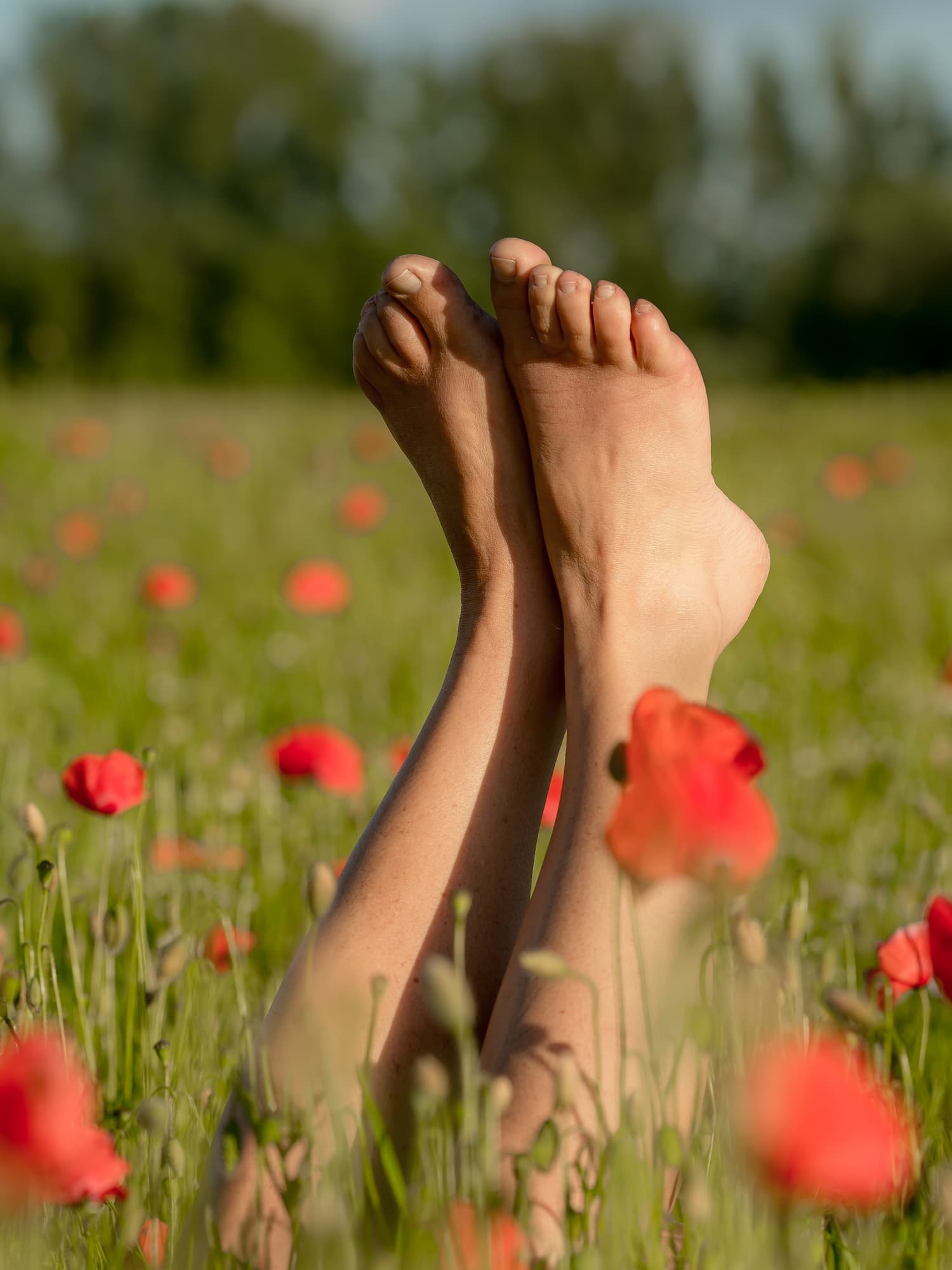 Voeten omhoog in een veld vol klaprozen